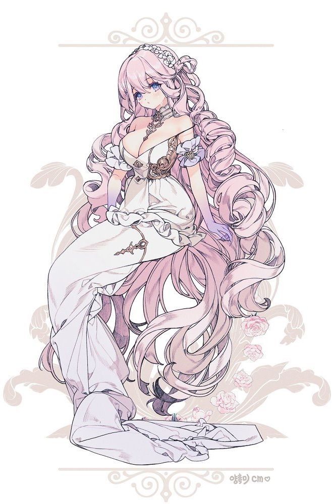 a drawing of a woman with long pink hair and white dress sitting on the ground