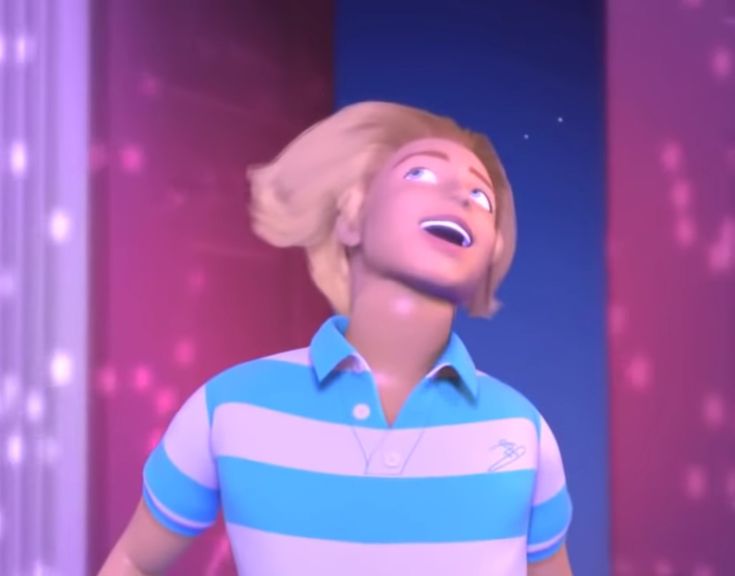 a cartoon character with blonde hair wearing a blue and white striped shirt, standing in front of a pink wall