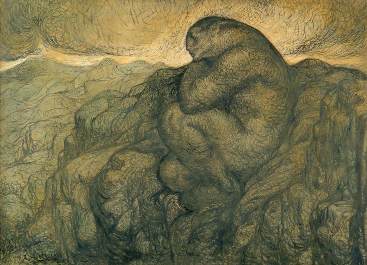 a drawing of a gorilla sitting on top of a mountain