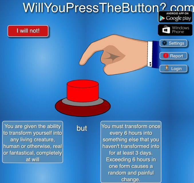 a hand pointing at a red hat with the caption will you press the button?