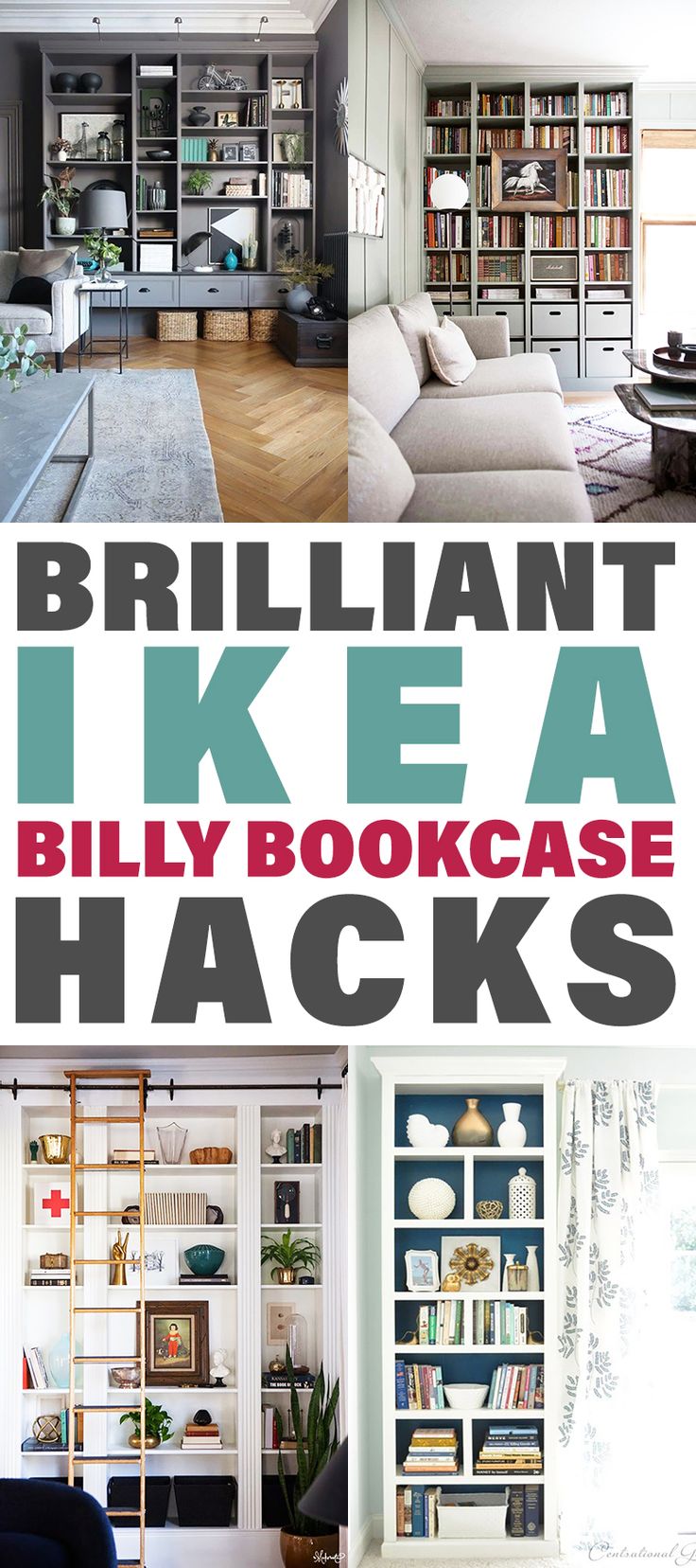 there are many bookshelves in this living room and the words brilliant ikea billy bookcase hacks