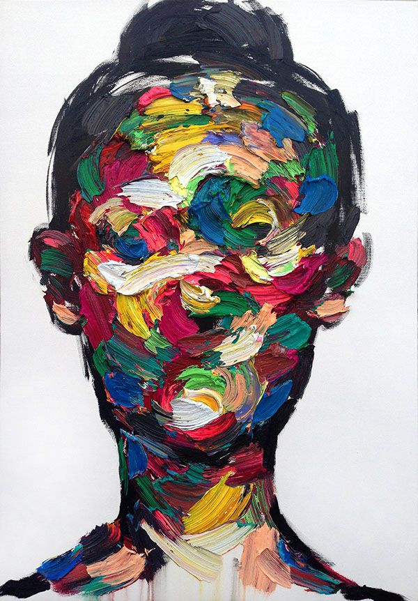 an abstract painting of a man's face with multicolored hair