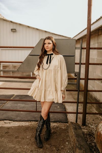 Sutton Woven Dress Apple Picking Outfit Summer, Cowgirl Boots And Dress Outfit, Farmcore Outfit, Suede Fringe Skirt, Long Sleeve Babydoll Dress, Dresses With Cowboy Boots, Western Dresses For Women, Country Dresses, Cocktail Attire