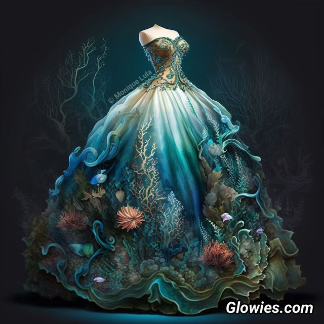 Under The Sea Inspired Fashion, Ocean Themed Dresses, Manwha Outfits, Mermaid Theme Dress, Sea Themed Dress, Ocean Textiles, Ocean Themed Dress, Mermaid Ballgown, Ariel Blue Dress