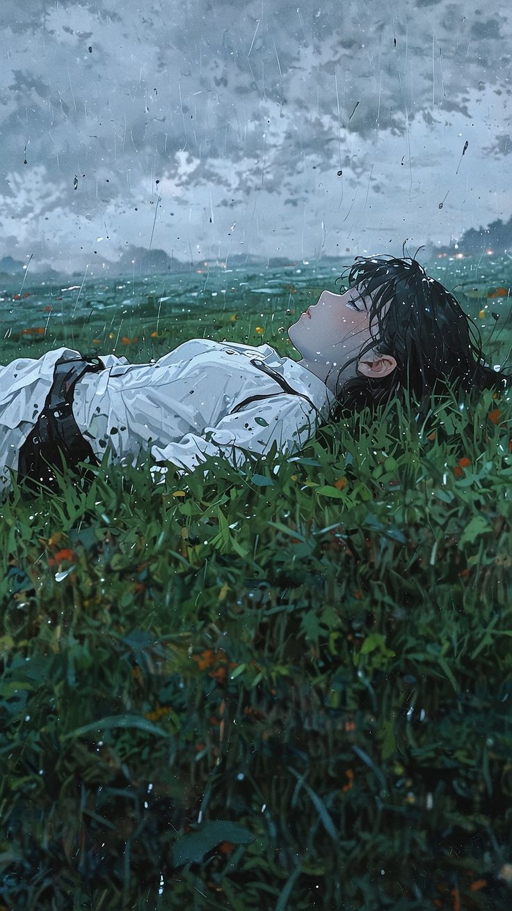 a painting of a person laying in the grass with an umbrella over their head on a cloudy day