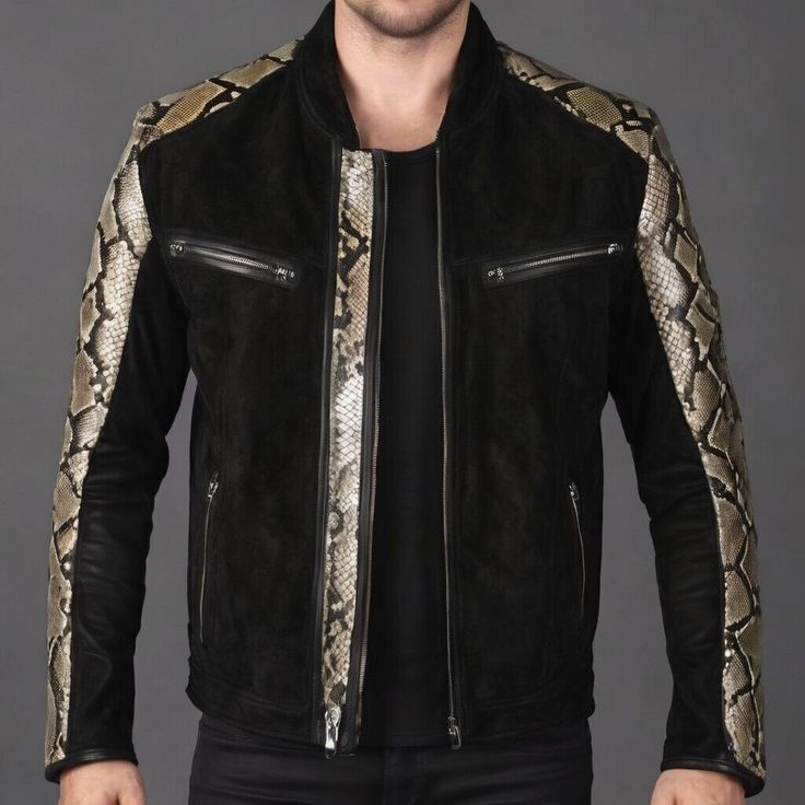 Black Leather Jacket Outfit, Motor Jacket, Snake Texture, Texture Fashion, Textures Fashion, Leather Outfits, Python Snake, Suede Leather Jacket, Leather Jacket Outfits