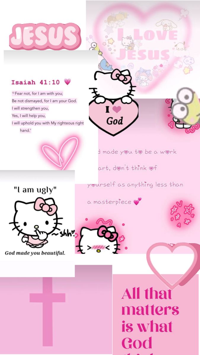 hello kitty wallpaper with the words jesus and pink hearts on it's side