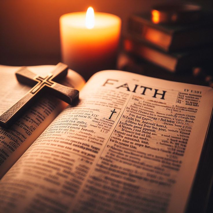 an open bible with a lit candle in the background and a cross sitting on top of it