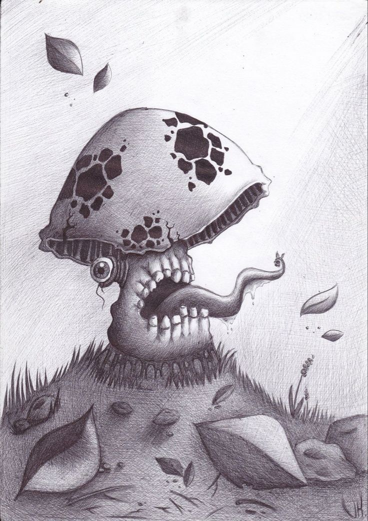 a drawing of a skull with a mushroom on it's head