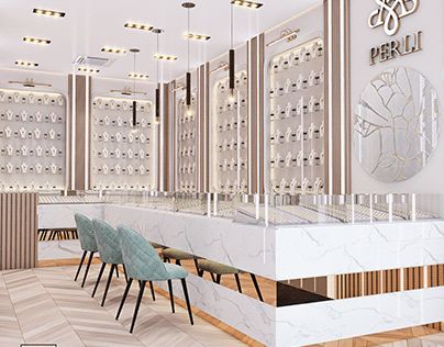 the interior of a jewelry store with marble counter tops and chairs in front of them