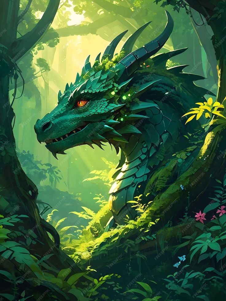 a green dragon is standing in the middle of some trees and bushes with its eyes open