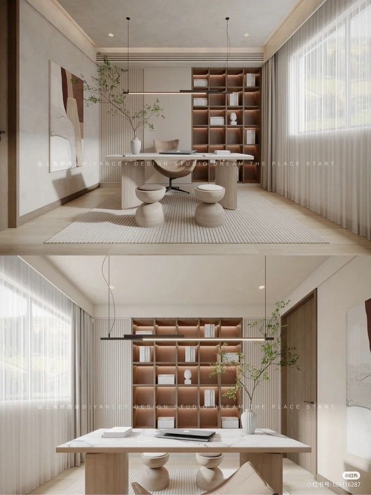 two pictures of a dining room with white furniture and bookshelves on the wall