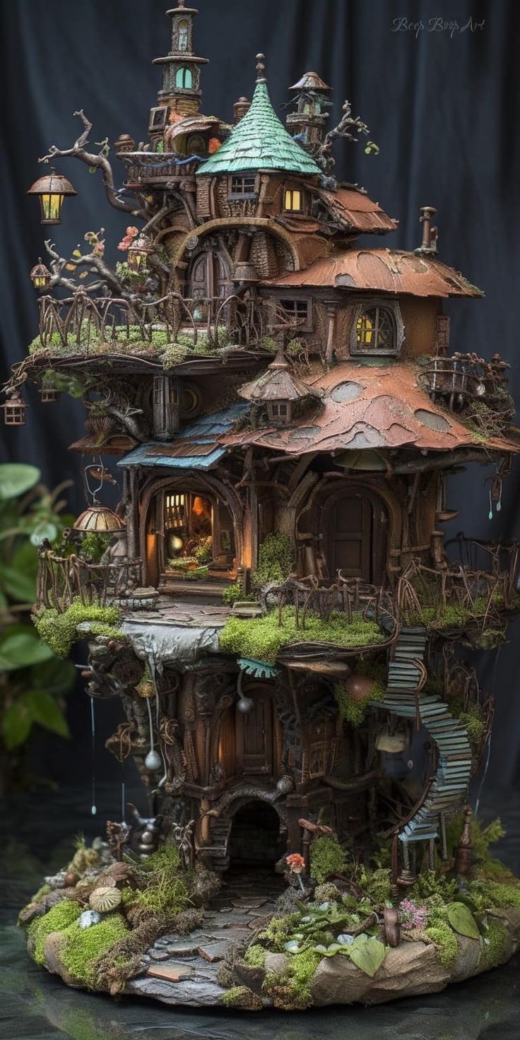 a doll house with lots of windows and trees on top of it, surrounded by greenery