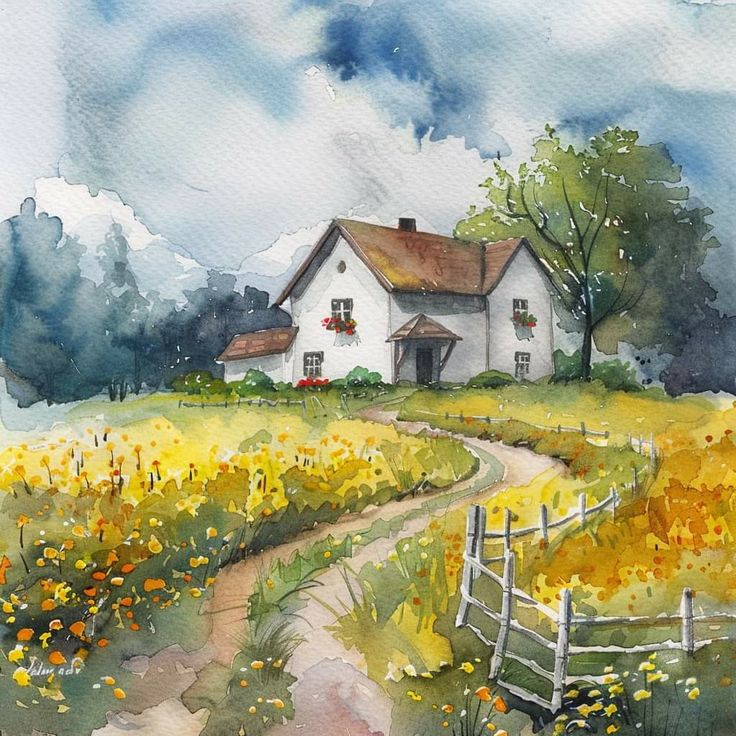 a watercolor painting of a white house on a country road with yellow flowers in the foreground