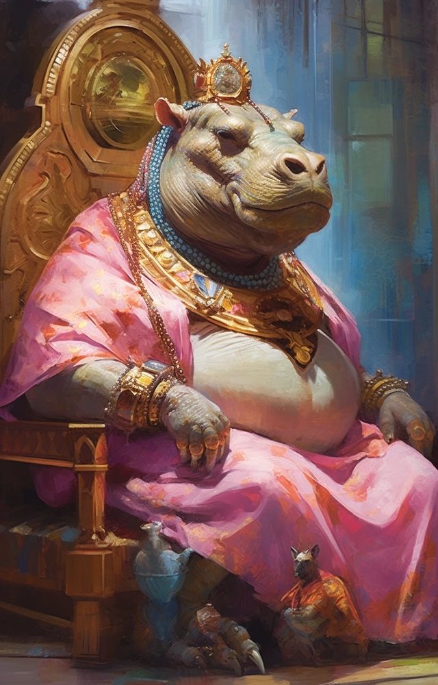 a painting of a hippopotamus sitting in a chair wearing a pink dress