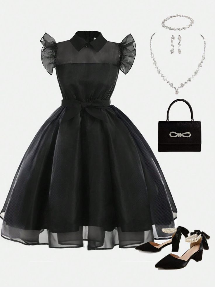 Teen Girls' Elegant Organza Ruffle Trim Cap Sleeve Party Dress Black Elegant  Sleeveless Woven Fabric Plain A Line Non-Stretch  Teen Girls Clothing, size features are:Bust: ,Length: ,Sleeve Length: