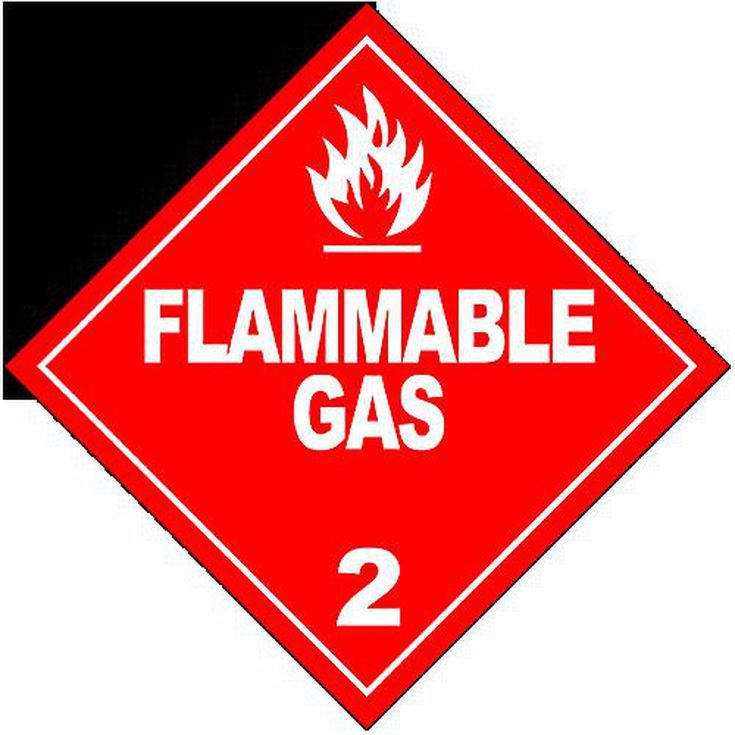 a red and white sign that says, flammable gas 2 with flames on it