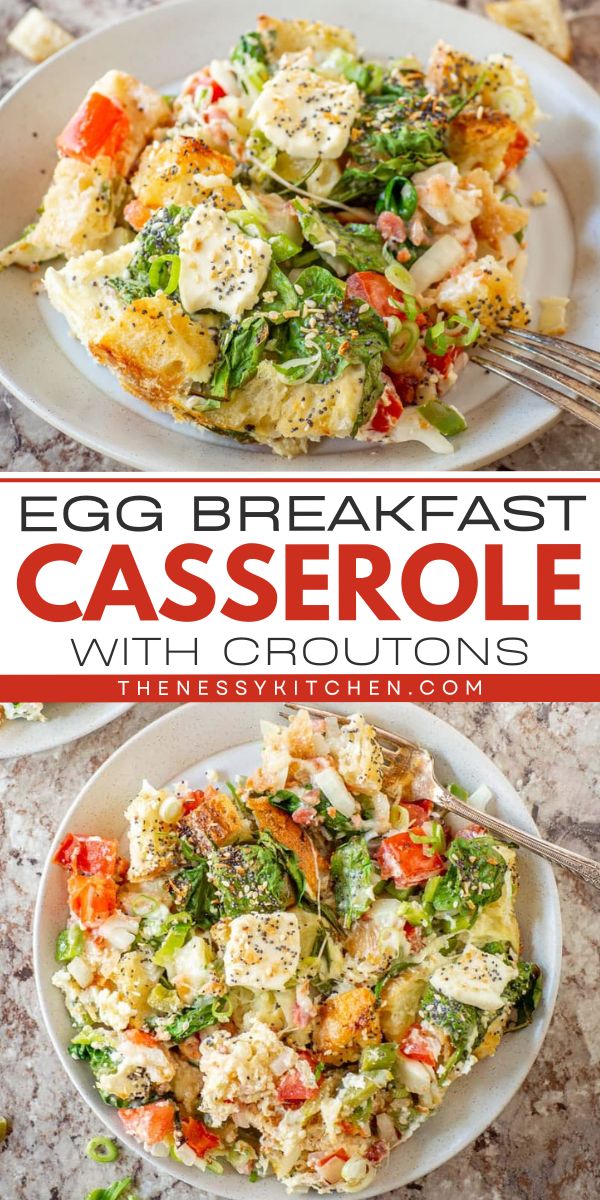 Put this egg bake recipe on your fall breakfast ideas! It's also a perfect holiday brunch food when you're hosting. With the addition of croutons, this egg breakfast casserole is full of texture and flavor! Croissant And Egg Casserole, Healthy Egg Casserole Clean Eating, Egg Bake With Croutons Breakfast, Breakfast Casserole With Croutons, Host Brunch, Fall Breakfast Ideas, Egg Bake Recipe, Egg Breakfast Casserole, Hash Brown Egg Casserole