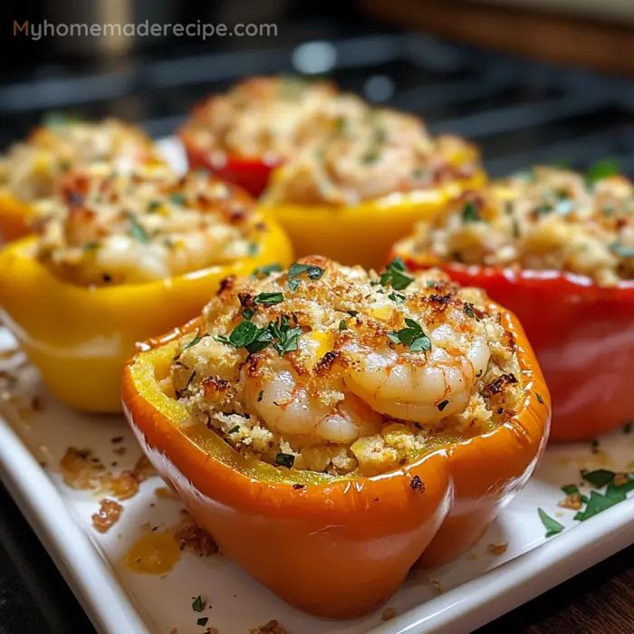 four stuffed peppers with shrimp and cheese on them