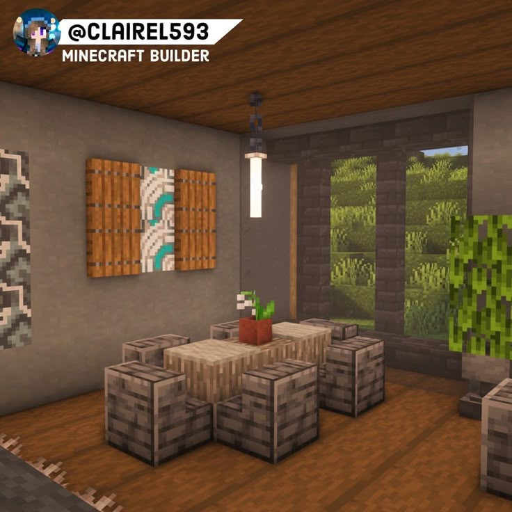 a minecraft living room with couches, tables and pictures hanging on the wall