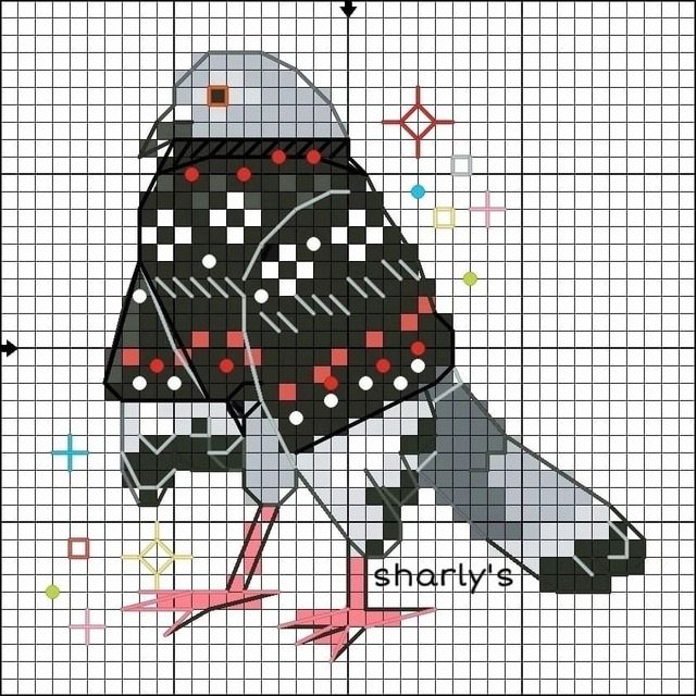 a cross stitch pattern with a bird wearing a sweater