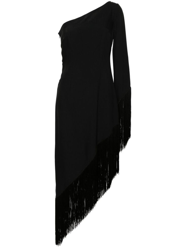 black crepe texture asymmetric neck side zip fastening one-shoulder single long sleeve asymmetric hem fringed edge Taller Marmo, One Shoulder Midi Dress, Midi Dress Black, Versace Outfit, Asymmetrical Neckline, Asymmetrical Hem, Black Midi Dress, Cocktail Dress Party, Asymmetric Hem