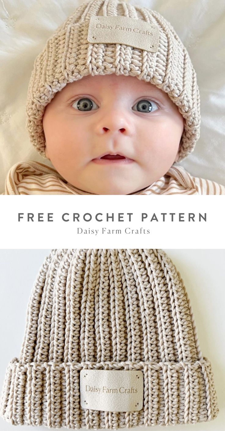 a baby wearing a knitted hat with the words free crochet pattern on it