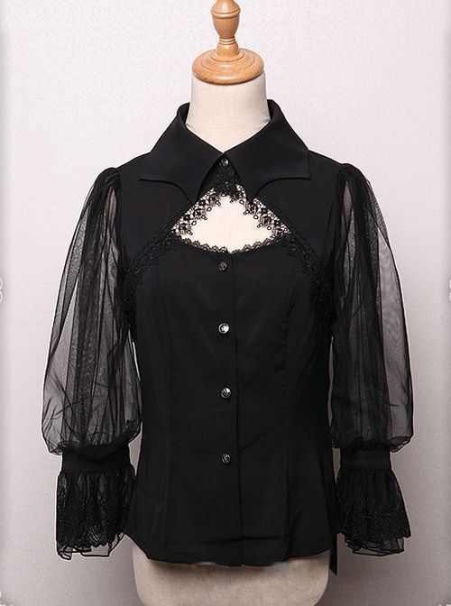 Bat Collar Black Long Sleeve Gothic Lolita Shirt Gothic Black Top With Lace Collar, Black Gothic Blouse For Formal Occasions, Black Doll Collar Blouse For Party, Black Gothic Blouse For Alternative Fashion, Fitted Black Blouse For Halloween, Elegant Fitted Halloween Blouse, Elegant Halloween Fitted Blouse, Elegant Tops For Halloween Costume Party, Elegant Halloween Costume Party Tops