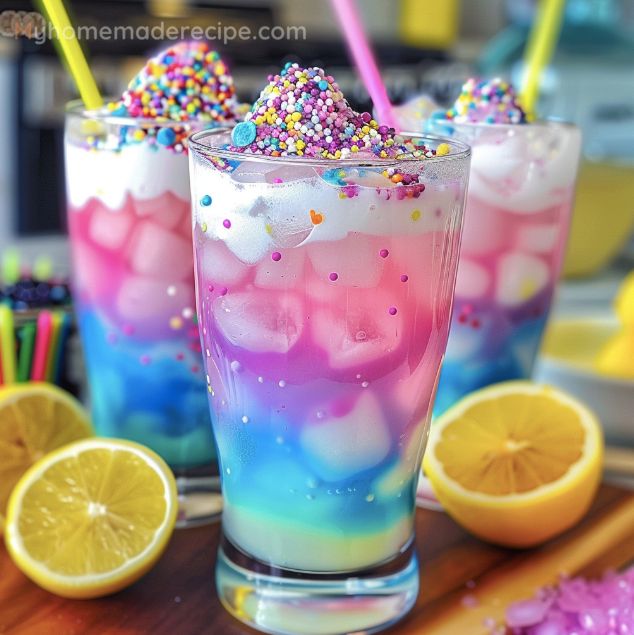 two glasses filled with ice cream and sprinkles next to lemon wedges