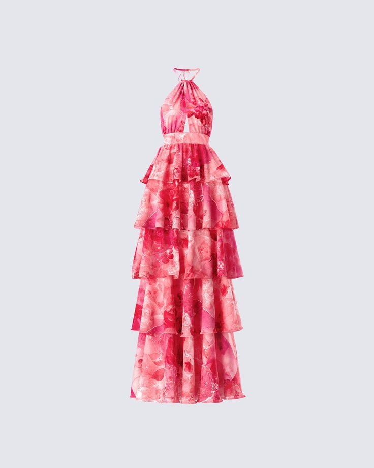 Nothing like a burst of fun and flair 💕 Made from chiffon fabric and complete with voluminous tiered ruffles and shirring at the waistband - this pink floral maxi dress will have you sashaying your way to the center of attention 🌺 Pink Floral Maxi Dress, Future Of Fashion, Spring Palette, Welcome To The Future, Mesh Maxi Dress, Ribbed Mini Dress, Cute Prom Dresses, No Waste, Colorblock Dress