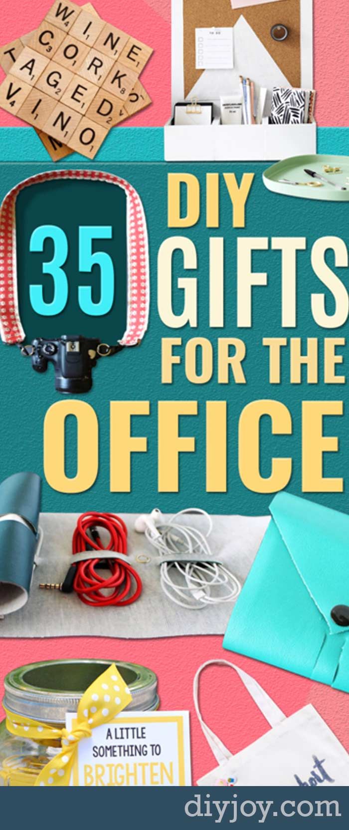 the cover of 35 diy gifts for the office, with various items on it