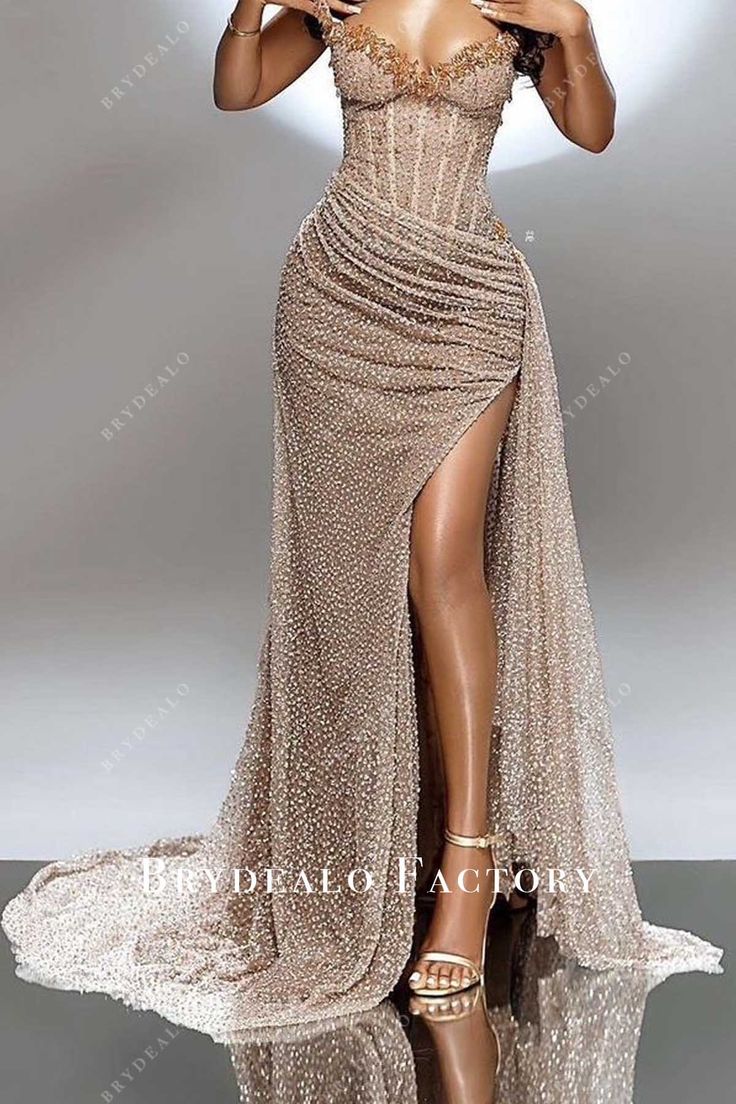 Strapless Sparkly Nude Glitter Prom Dress with Crystal Embellishments V-neck, Sleeveless corset top adorned with crystals, bias ruched long skirt, sexy slit, a piece of side streamer, and chapel train. Black Woman Prom Dress, Prom Dress Inspo, Classy Prom, Matric Dance, Prom Inspiration, Sparkly Prom Dresses, African Prom Dresses, Gorgeous Prom Dresses, Gold Prom Dresses