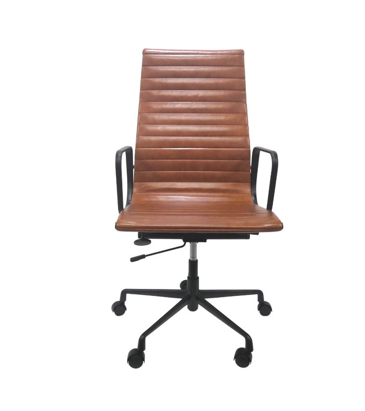 a brown leather office chair with black wheels