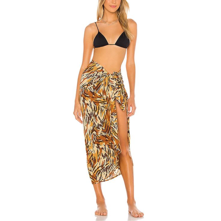 Brown Print Chiffon Beach Wrap Skirt Beachwear Skirt For Vacation Day Out, Vacation Beachwear Skirt For Day Out, Tropical Flowy Beach Skirt, Beach Party Vacation Beachwear Skirt, Tropical Beach Skirt For Summer, Tropical Skirt For Beach Season Vacation, Tropical Beach Skirt For Vacation, Beach Season Skirt With Split, Flowy Beachwear Skirt For Beach