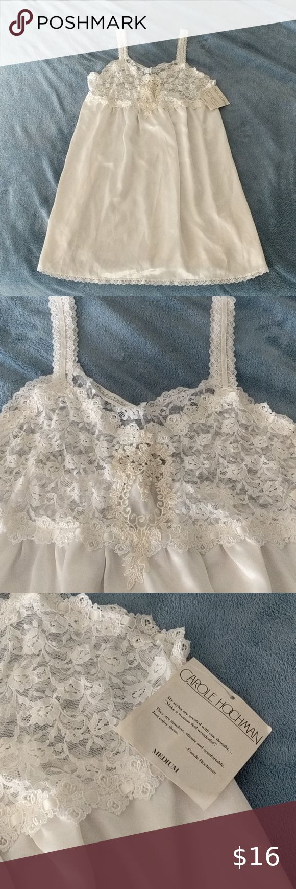 Lingerie nightgown Size medium Carole Hoochman white lace and silky white short gown Carole Hoochman Intimates & Sleepwear Chemises & Slips Lace Camisole Sleepwear For Night, Lace Cami Sleepwear For Wedding Night, Lace Nightgown Camisole For Night, Lace Camisole Nightgown, Sleeveless Delicate Lace Sleepwear For Wedding Night, Bedtime Lace Trim Camisole Chemise, Lace Camisole Nightgown For Loungewear, Lace Nightgown With Built-in Bra For Bedtime, Delicate Lace Camisole Sleepwear For Bedtime