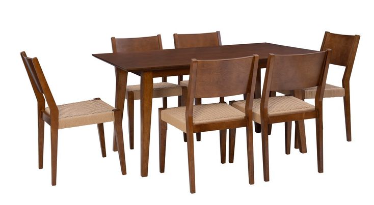 a dining table with six chairs and one chair upholstered on the back side