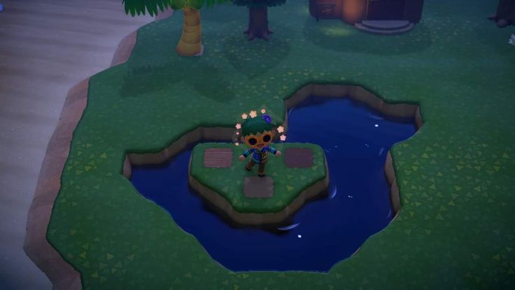 an animal crossing game in the middle of a green area with trees and bushes around it