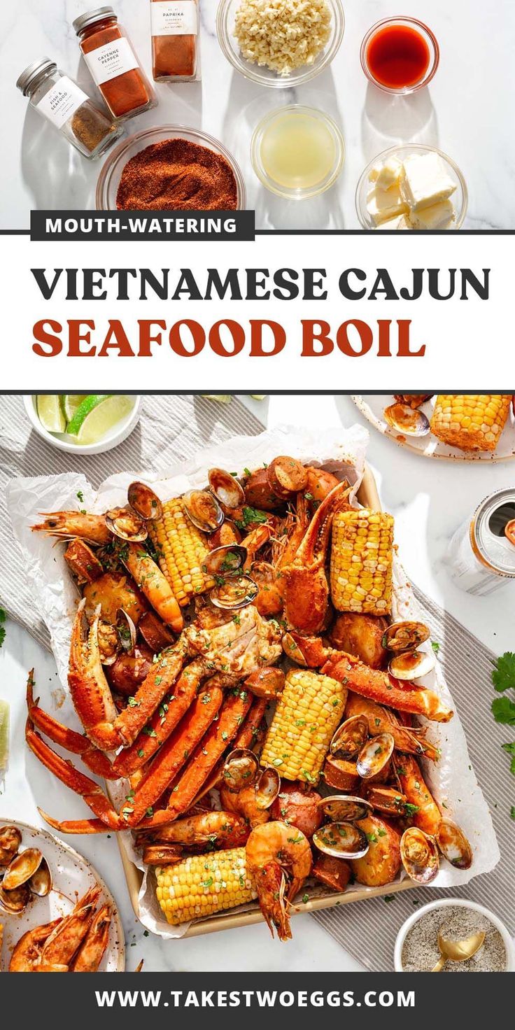 seafood boil with text overlay that says mouth watering vietnamese cajun seafood boil on it