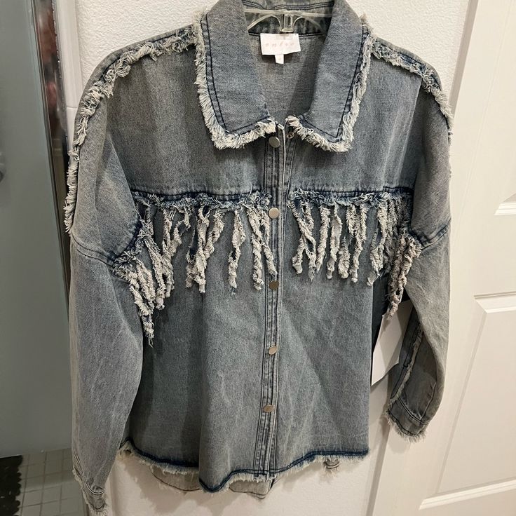 Brand New Size S Oversized Denim Entro Fringe Distressed Style Washed Jacket Also Available In A Dark Stone Grey Oversized Denim Top With Frayed Hem, Oversized Denim Top With Frayed Hem For Spring, Casual Cotton Outerwear With Fringe, Casual Cotton Fringe Outerwear, Spring Denim Jacket With Fringe, Oversized Blue Denim Jacket With Frayed Hem, Fall Light Wash Denim Jacket With Frayed Hem, Casual Fringe Denim Jacket For Spring, Washed Blue Denim Jacket With Frayed Hem