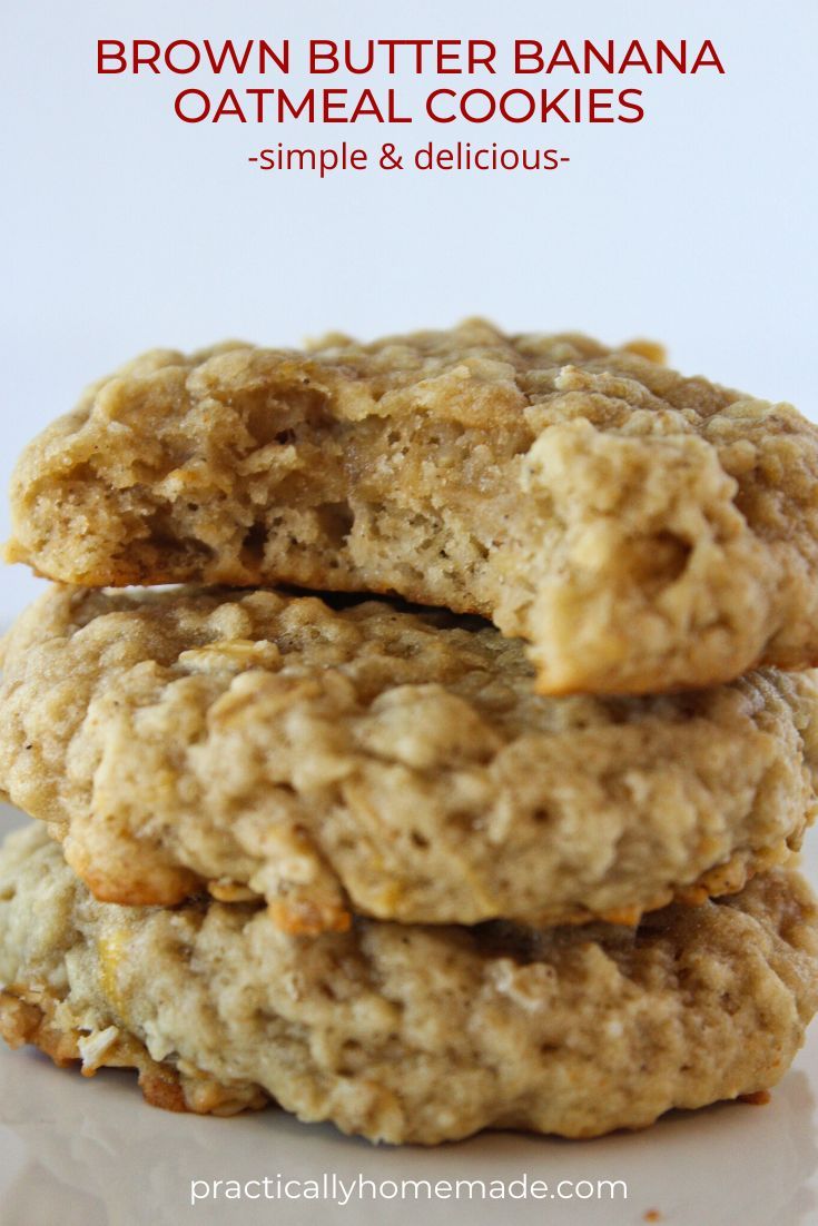 three oatmeal cookies stacked on top of each other with the words brown butter banana oatmeal cookies perfect way to use ripe bananas