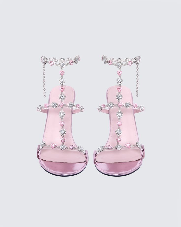 Keep your heels, head, and standards high 👑 With a classy, yet playful look - these pink jewel stilettos are the perfect statement piece to add to any fit that needs a little something extra 💖 Pink High Heel Heels For Prom, Pink High Heel Prom Heels, Pink Round Toe Sandals For Prom, Pink Ankle Strap Sandals For Party, Pink Sandals With 4-inch Heel For Evening, Pink Heel Strap Sandals For Prom, Pink Heel Strap Heels For Party, Pink Sandals With Heel Strap For Party, Glamorous Pink Sandals With Round Toe