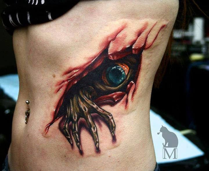 a close up of a person's stomach with an evil eye on the side