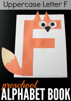 the uppercase letter f is for preschool alphabet book with an image of a fox