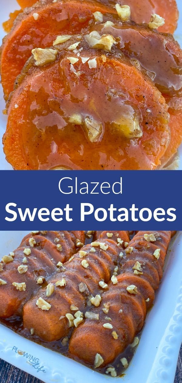 glazed sweet potatoes on a white plate with oranges and almonds in the background