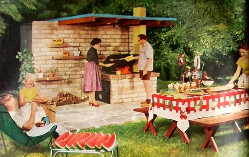 a painting of people cooking outside in the grass