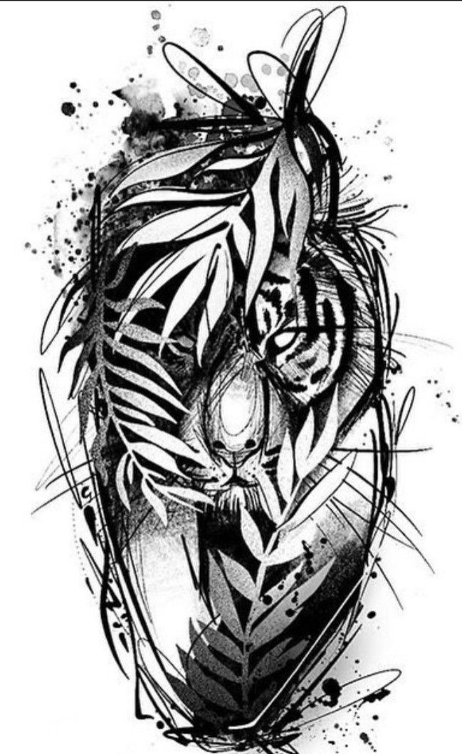 a black and white drawing of a tiger