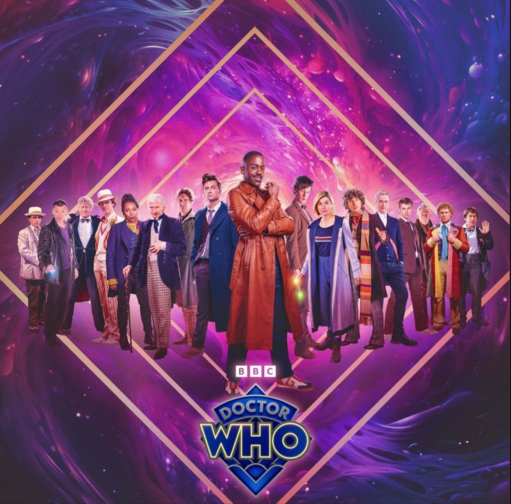 the doctor who cast is standing in front of a purple and blue background with stars