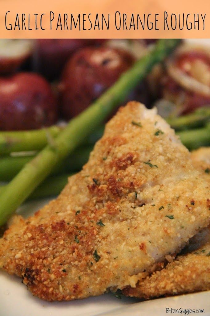 some food on a white plate with green beans and potatoes next to it is the words garlic parmesan orange rougy