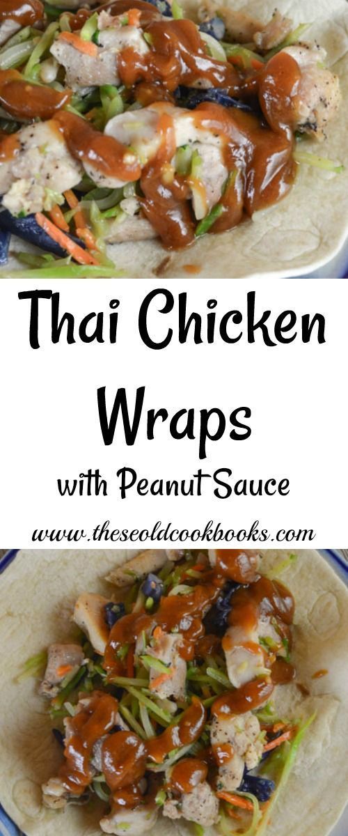 thai chicken wraps with peanut sauce on top and in the middle, are ready to be eaten