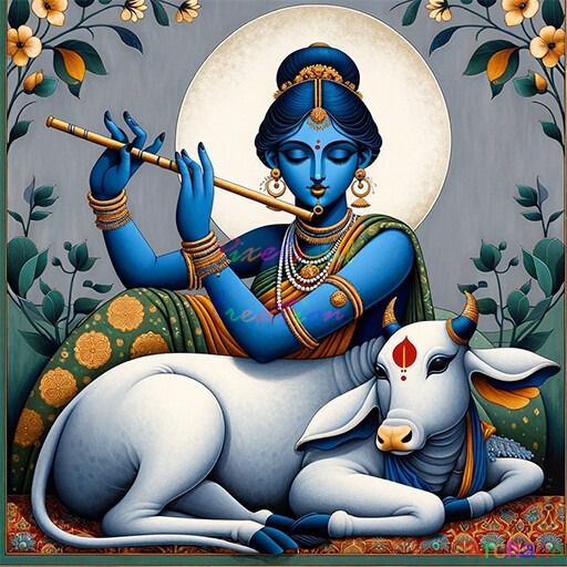 a painting of a woman sitting on top of a cow with a flute in her hand